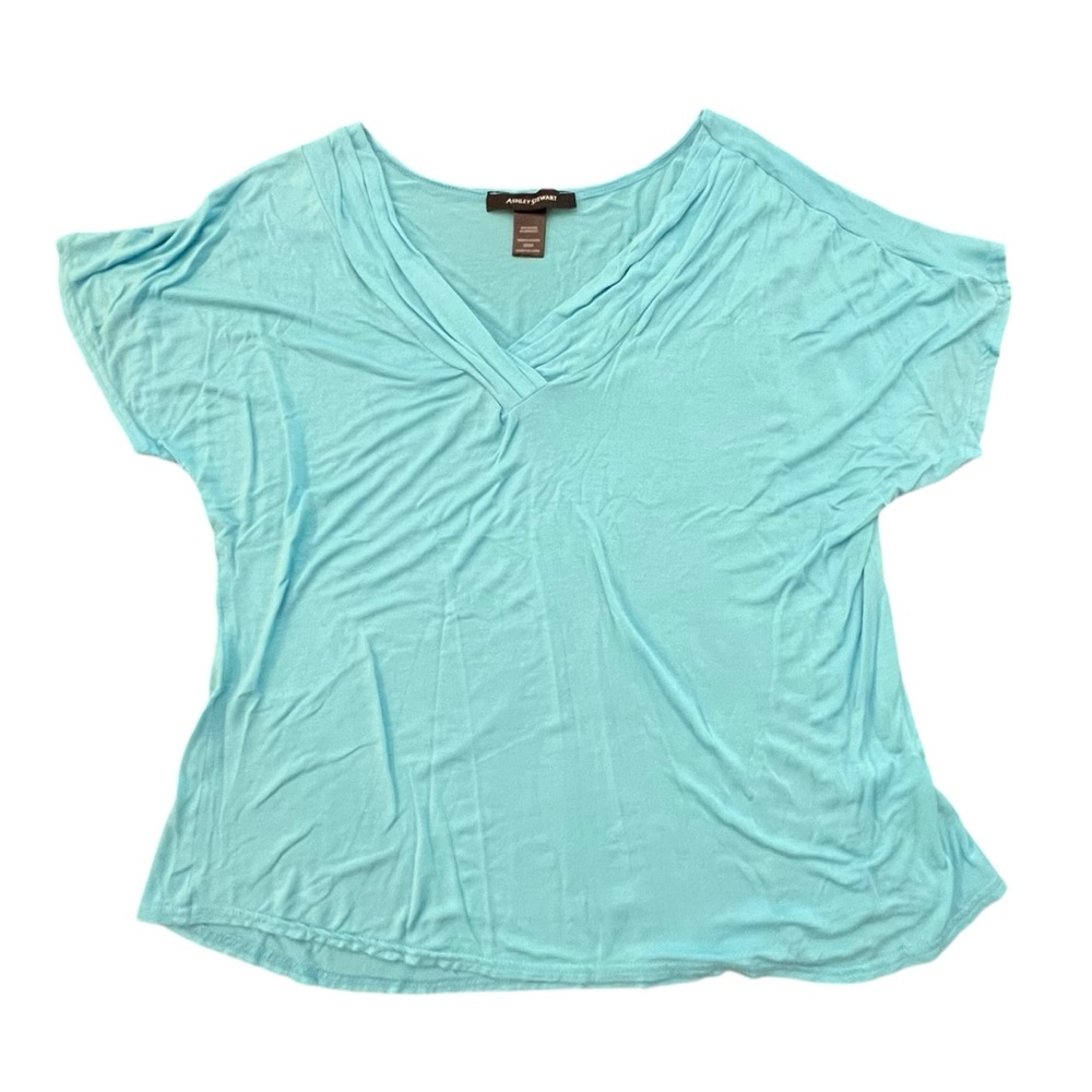 ASHLEY STEWART Blouse Rayon Slinky Fitted V-neck Top Aqua Blue Size 22/24 Casual